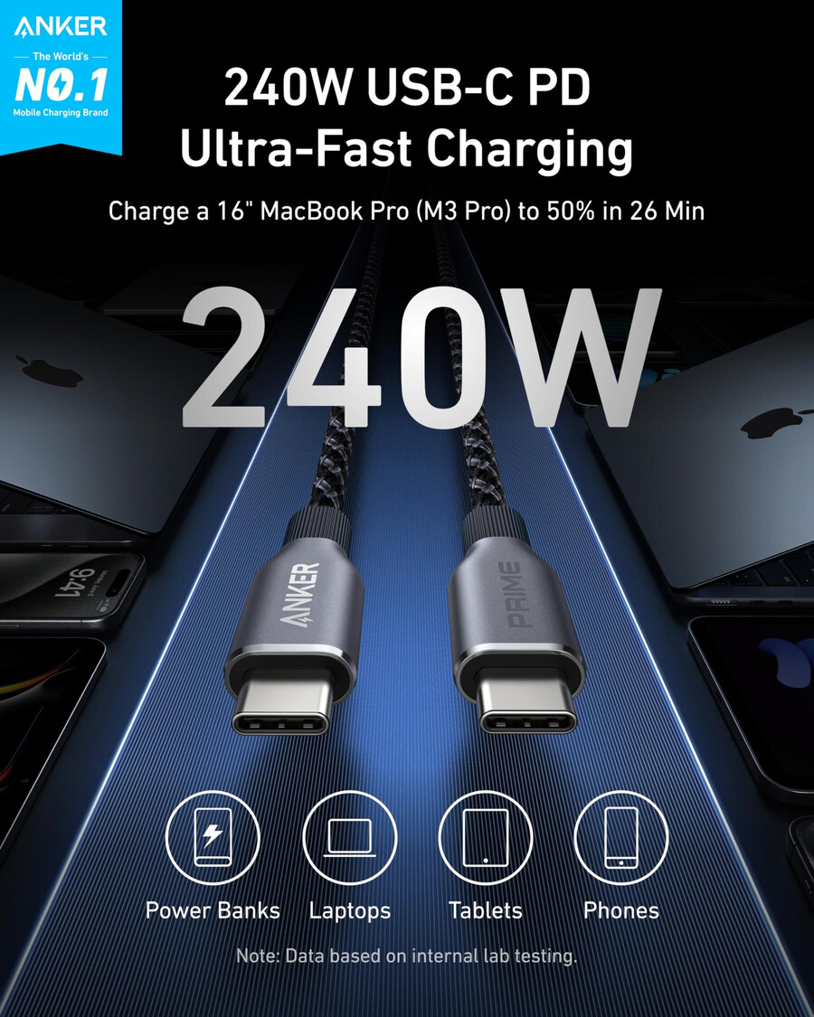 anker prime charging station 8-in-1 240w e anker prime usb-c to usb-c cable 240w upcycled-braided