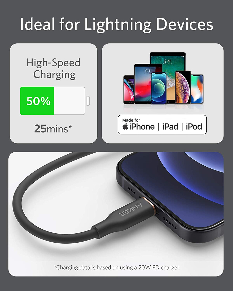 anker 641 usb-c para lightning cable flow 3 ft silicone