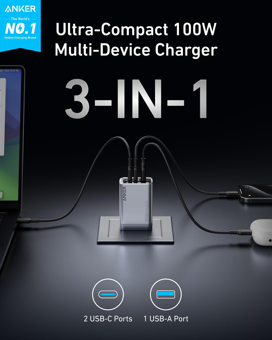 anker prime charger 100w 3 ports gan e anker usb-c para usb-c cable 3 ft 6 ft 240w upcycled-braided