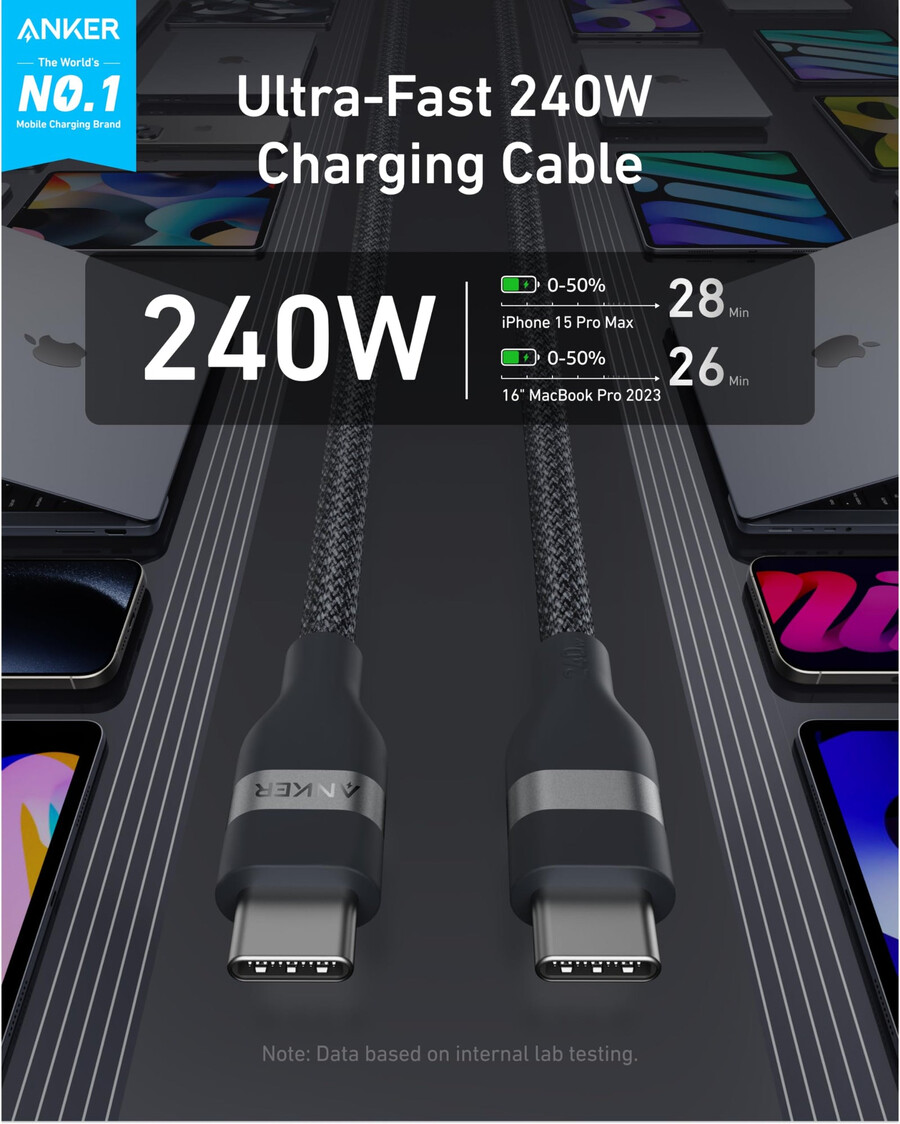 anker prime charger 100w 3 ports gan e anker usb-c para usb-c cable 3 ft 6 ft 240w upcycled-braided