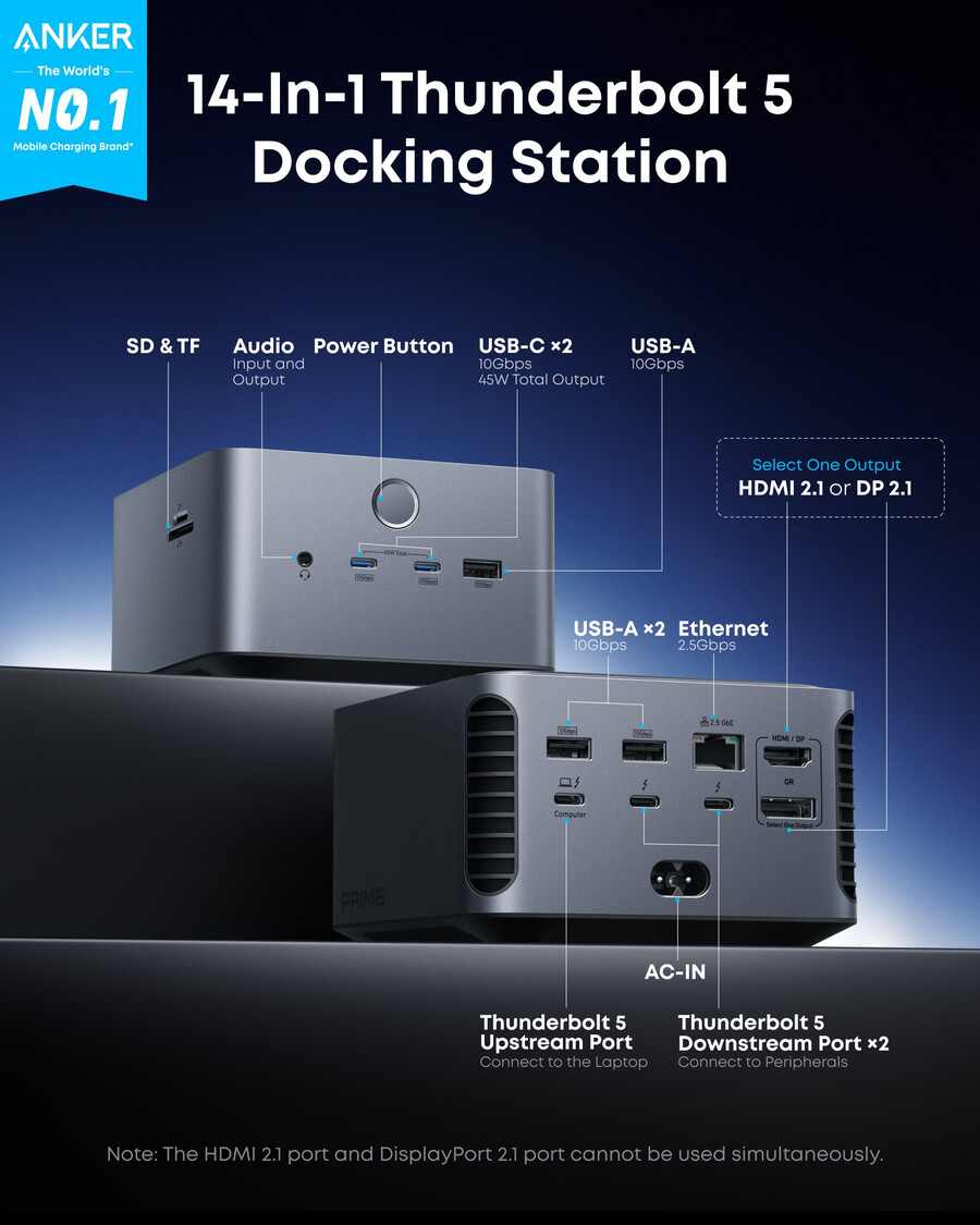 anker prime tb5 docking station 14-in-1 140w 8k thunderbolt 5